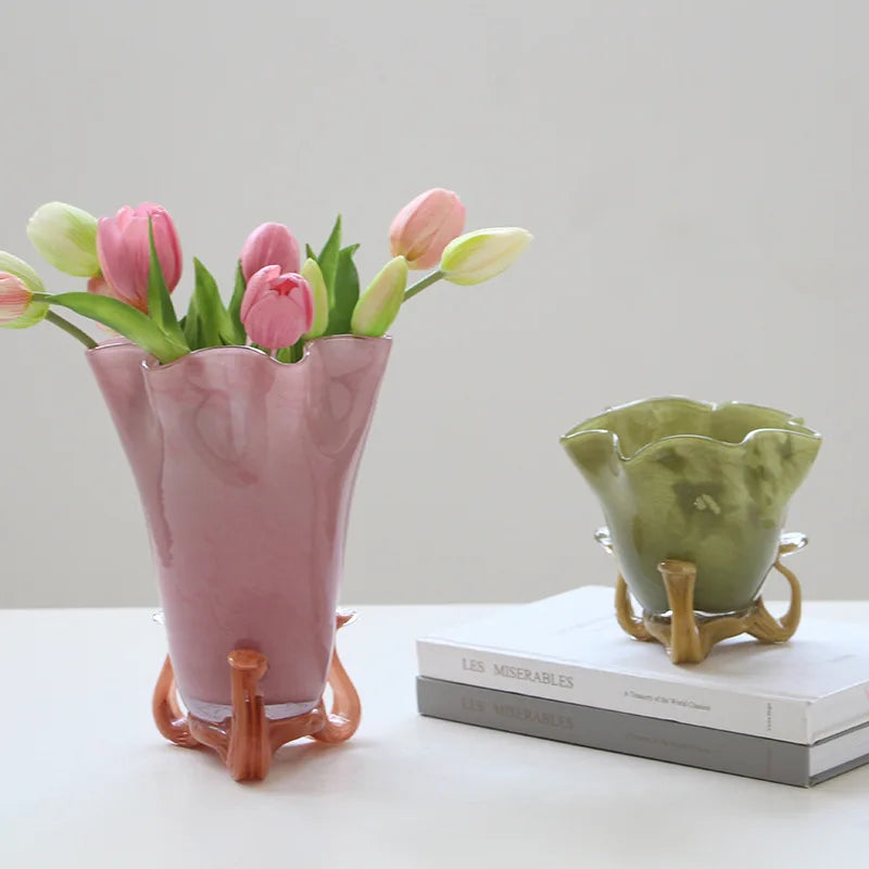 vases modernes rose vert olive mat opaques poignée serpents décoration table hydroponie
