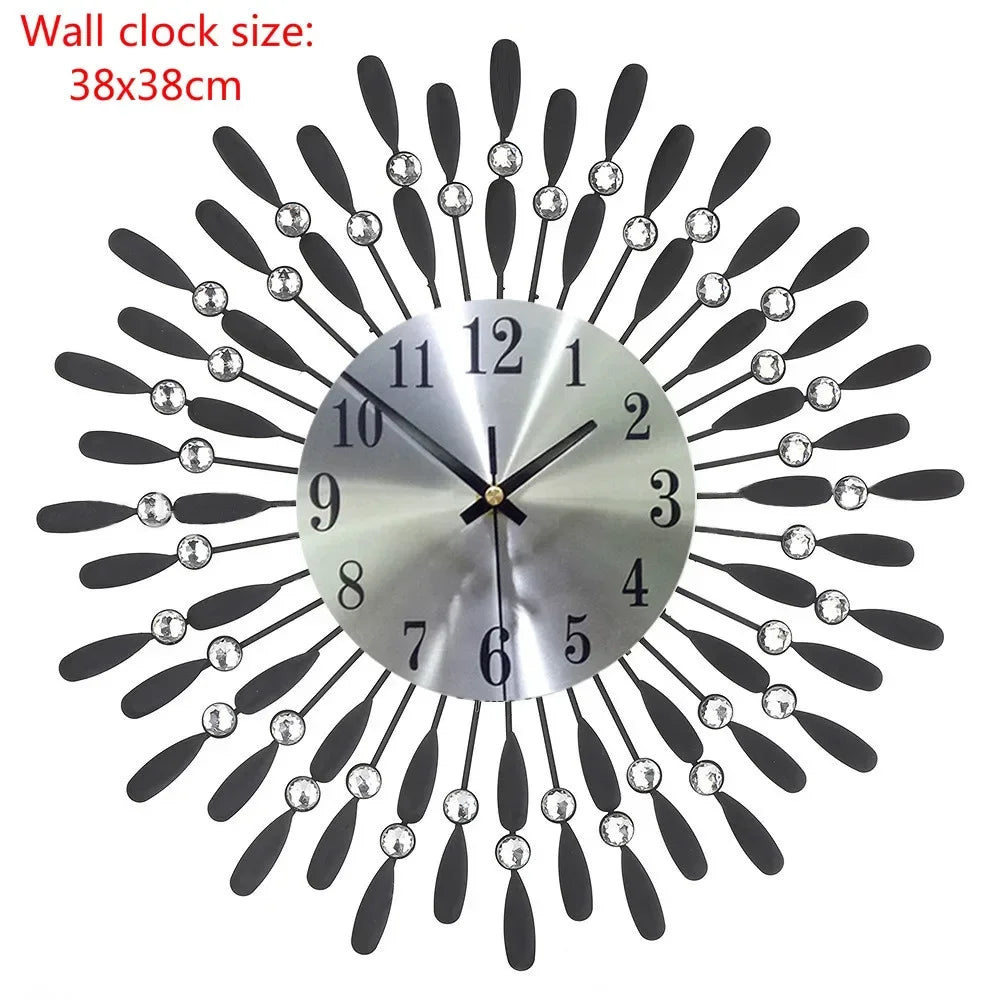 horloge murale moderne or noir strass circulaire 38x38cm salon décoration aiguille acrylique métal