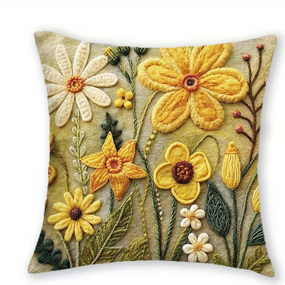 taies d'oreiller polyester fleurs relief artisanal zipper 45x45cm vert jaune blanc