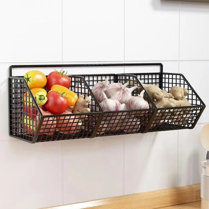 organisateur mural noir paniers métalliques adhésifs fruits légumes cuisine moderne multifonctionnel