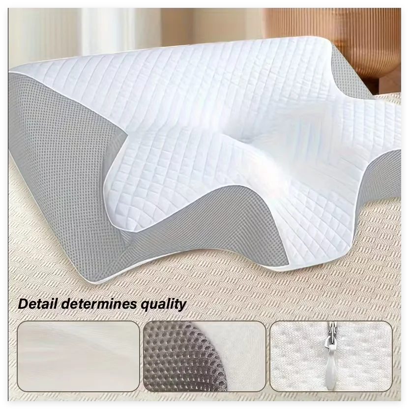 coussin ergonomique gris blanc mousse mémoire forme polyester respirant contouré couverture amovible lavable