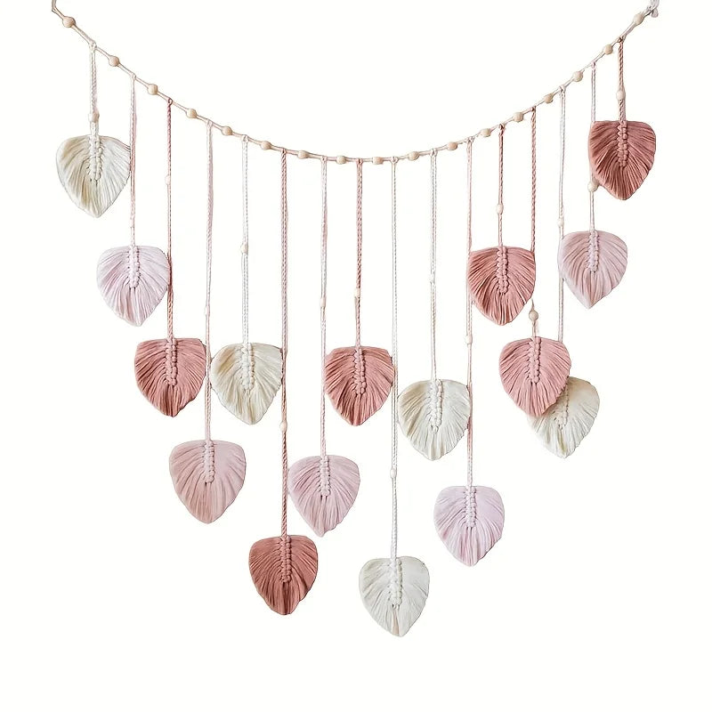 guirlande murale boho chic feuilles rose clair tissées artificielles crochets salon chambre