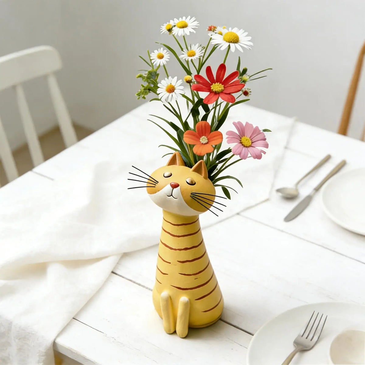 vase chat forme murale résine coloris vert jaune orange décor maison animalier cartoon fleuri