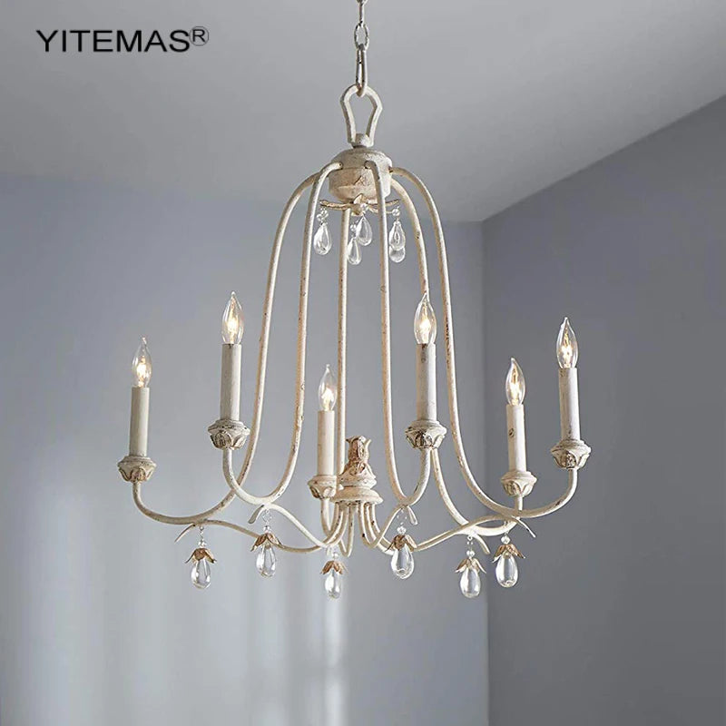 lustre blanc vieilli cristal vintage classique six lumières ornements métal chain adjustable