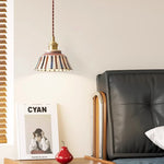 lampe suspendue vintage céramique fleurs bleues blanc rayures multicolores cordon doré