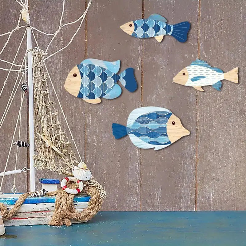 décoration murale nautique poissons voiliers coquillages bois abstrait marine bohème mur waves
