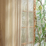 rideau beige broderie géométrique franges semi transparent vintage classique fenêtre intérieur polyester