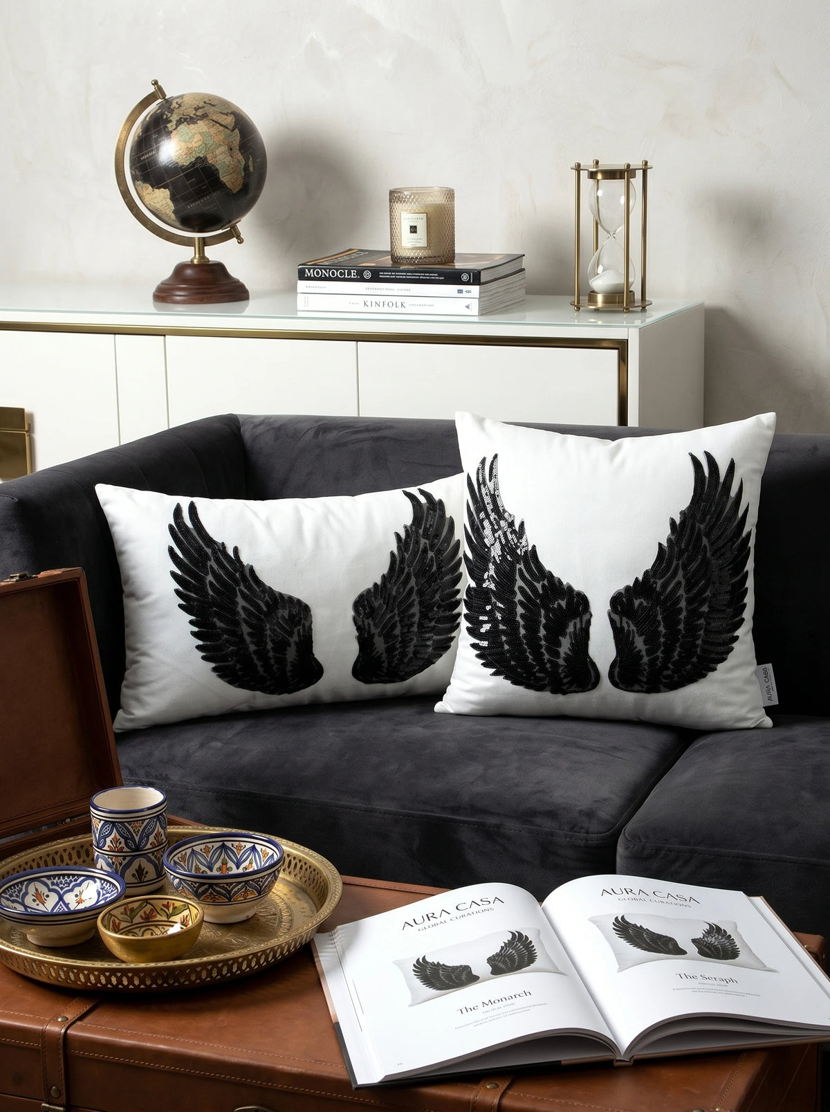 coussin décoratif boho chic ailes ange broderie paillettes noir blanc argenté 40x40cm 30x30cm
