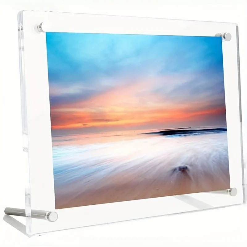 cadre photo acrylique transparent moderne famille plage paysage fixations argentées minimaliste
