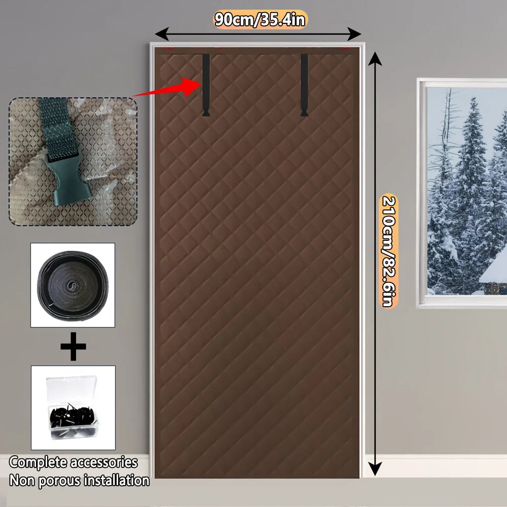 rideau porte thermique marron motif grille moderne opacité boucle rangement hiver isolation