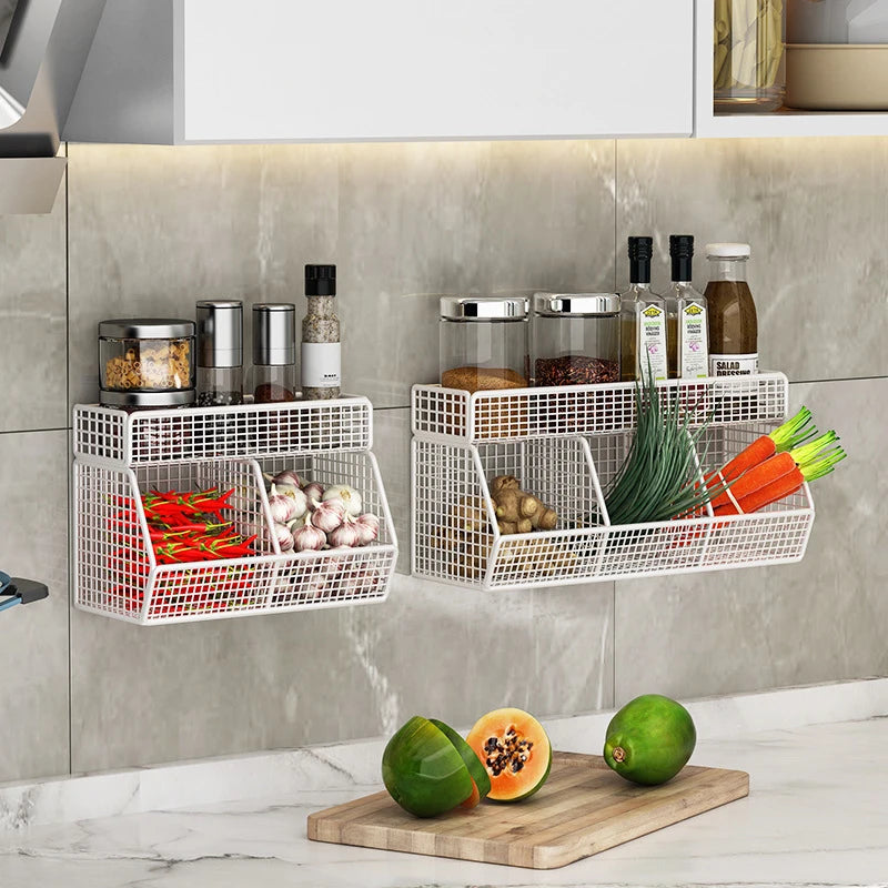 panier mural noir blanc maille métallique moderne adhésif rangement fruits légumes cuisine