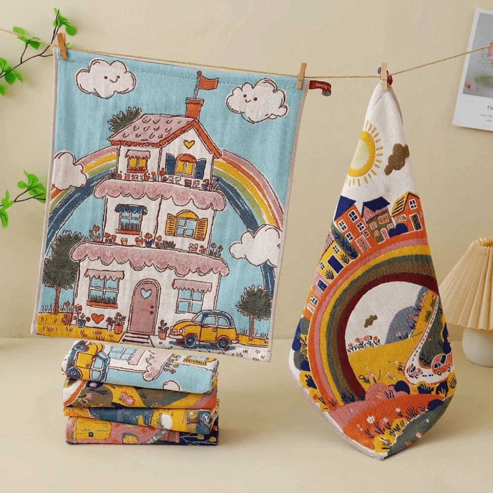 serviettes cuisine bleu jaune orange motifs floraux nuages soleil 34x40cm clips pinces illustratif enfantin