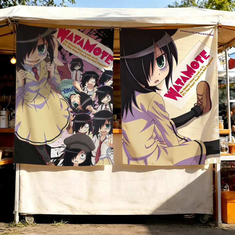 tapisserie murale anime watamote décoration chambre fille illustration personnage noir violet blanc esthétique japonaise