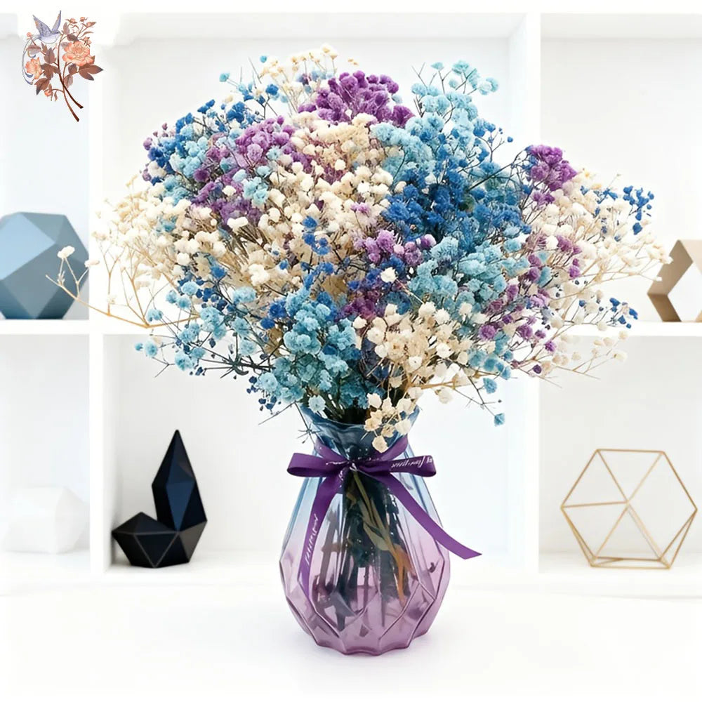 bouquet fleurs séchées violet bleu blanc rose vert vase transparent minimaliste decoration maison