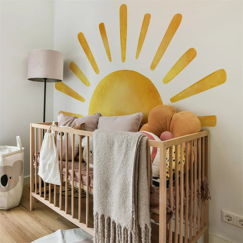 sticker mural moderne rayons solaires or jaune décoration chambre enfants Boho aquarelle autocollant vinyle