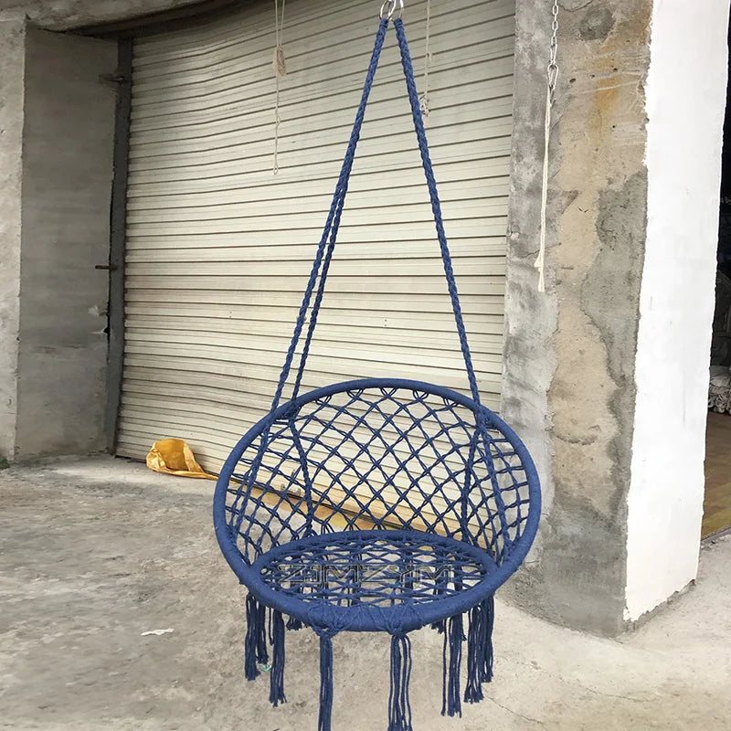 fauteuil suspendu macramé tissé motifs géométriques franges boho chic blanc beige noir rose bleu