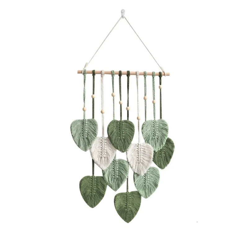 décoration murale boho feuilles macramé vert rose blanc coton polyester 40x90cm crochet