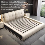 lit moderne minimaliste bois simili cuir beige gris porte chargement lumière douce chambre coucher