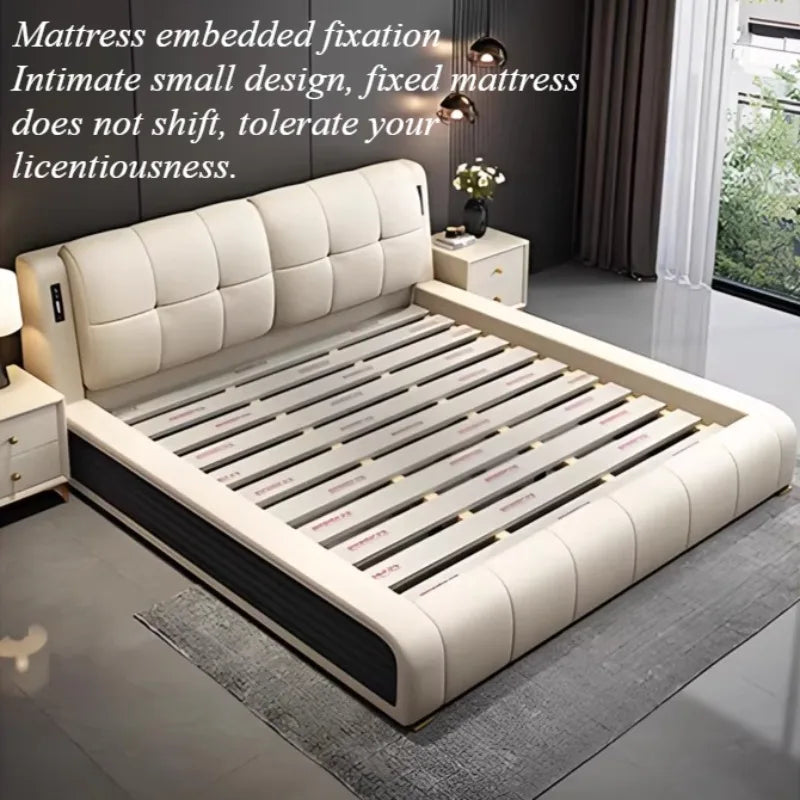 lit moderne minimaliste bois simili cuir beige gris porte chargement lumière douce chambre coucher