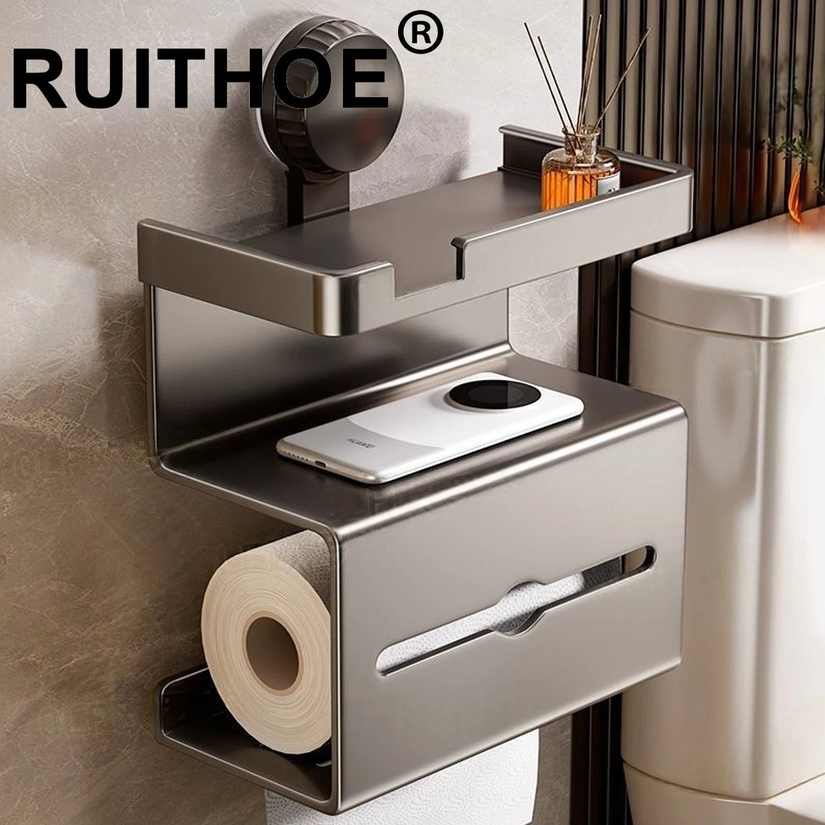 support papier toilette mural adhésif gris moderne porte savon gobelet bougie maquillage bijoux