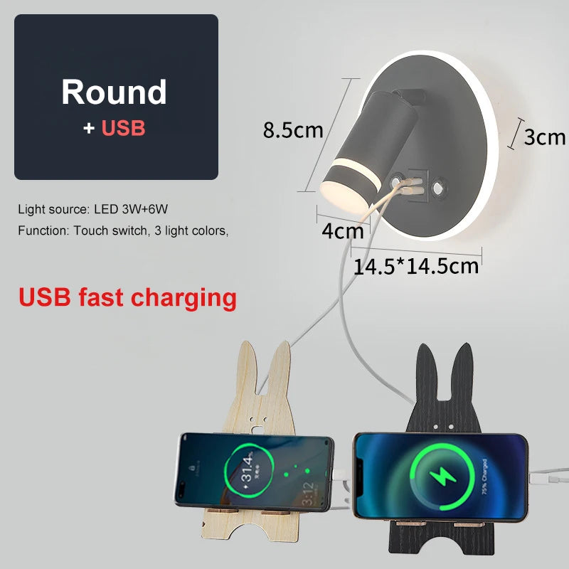 Lampes murales LED modernes prise USB éclairage ambiant noir blanc doré