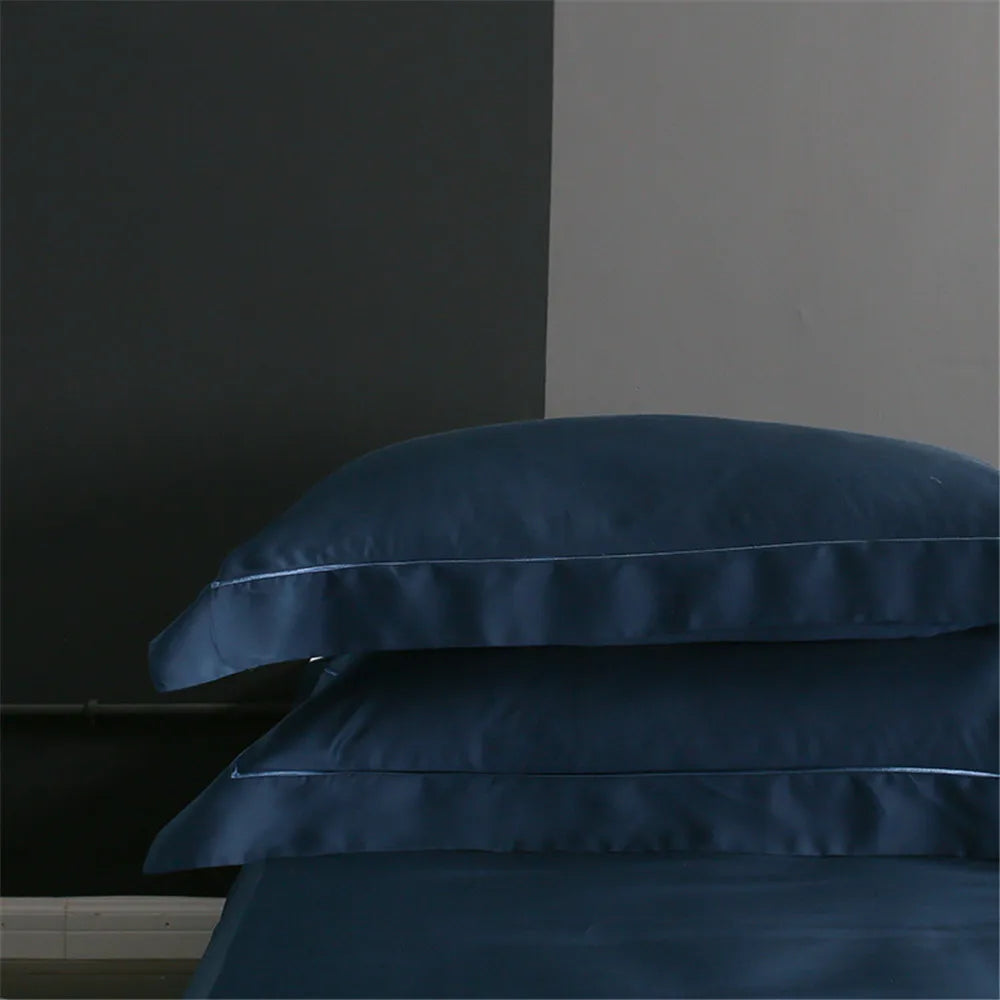 drap lit bleu marine uni soie 100% moderne oreillers taies d'oreiller drap plat queen