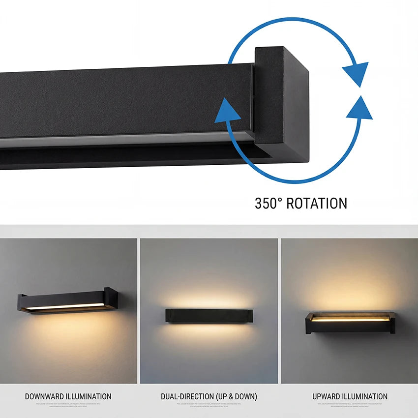 lampe murale led moderne ip65 350 rotatable noir verre trempé 235mm 335mm