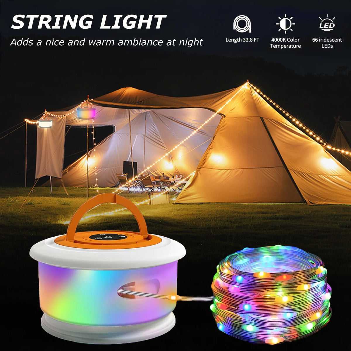 guirlande lumineuse led multicolore lampe portable camping modes éclairage rechargeableextérieur