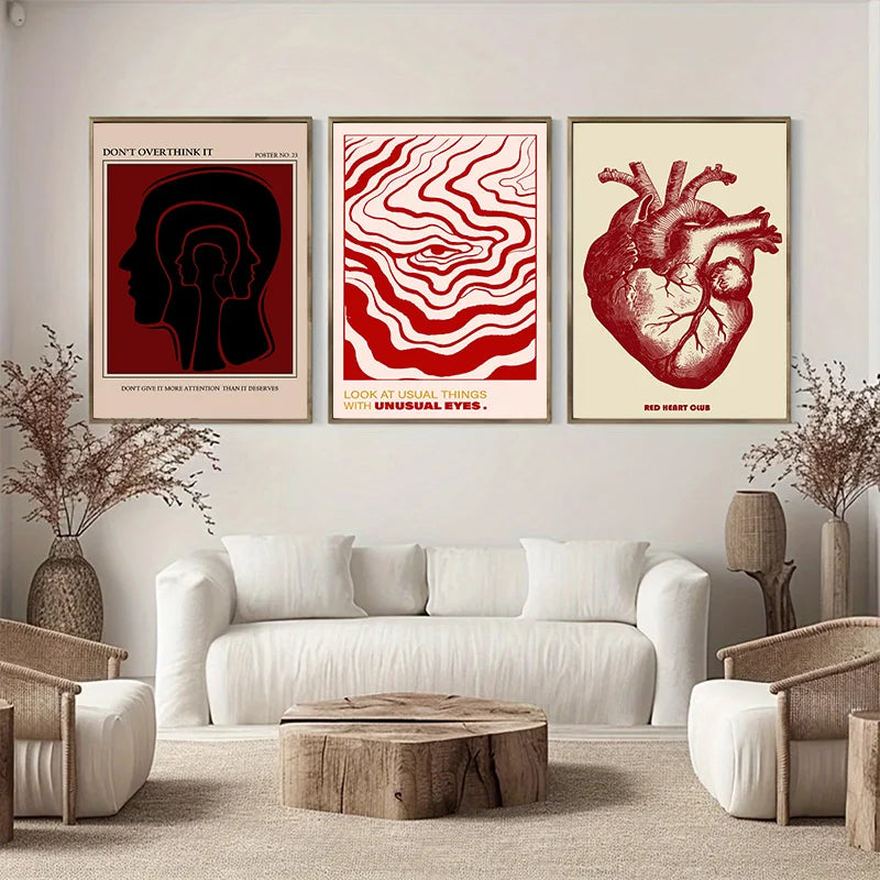toile d'art abstraite moderne graphique tête silhouettes ondulations cœur rouge noirintérieur décoration chambre salon