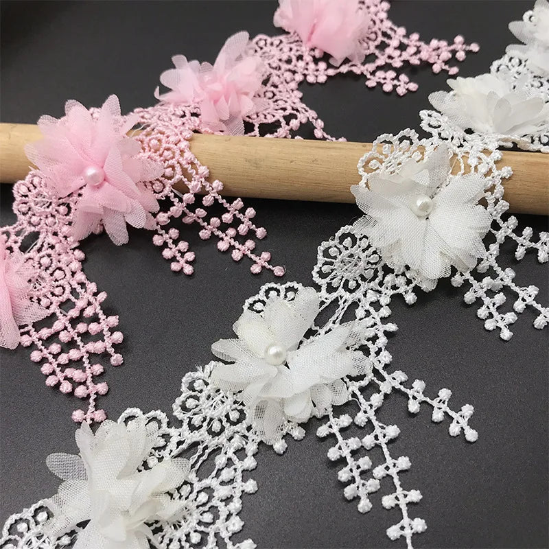 ruban décoratif dentelle rose clair blanc noir fleurs tulle tissu polyester large 8.5cm transparent