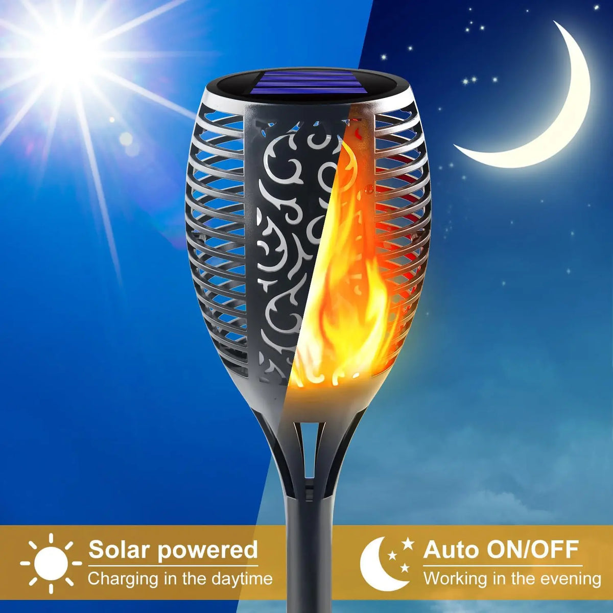 torche solaire moderne flamme imprimée noir orange jaune extérieure jardin ip65 led autoinstallation