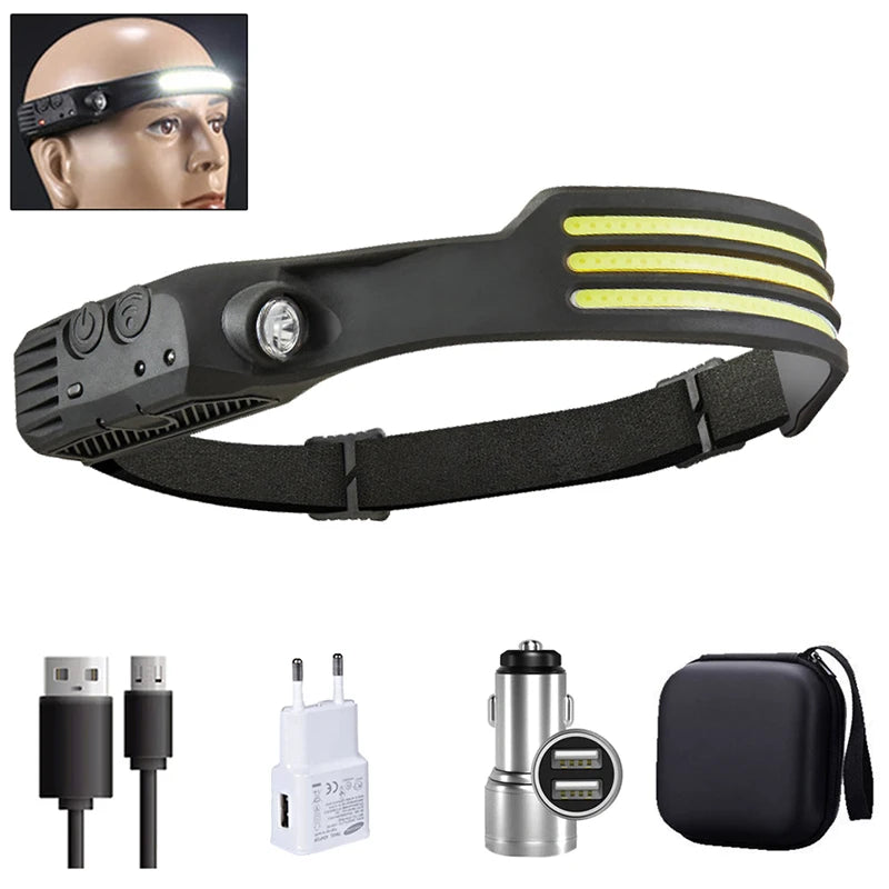 lampe frontale led cob rechargeable camping pêche randonnée noir rayures jaunes