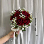 bouquets mariage roses artificielles bleu blanc vert romantique fleurs veloutées feuilles ruban satin blanc