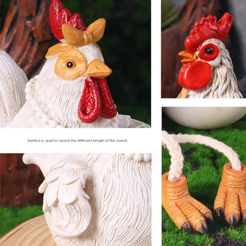 statues decoratives coq poule blanc crème rouge jaune noir marron motif ecailles plumes collier
