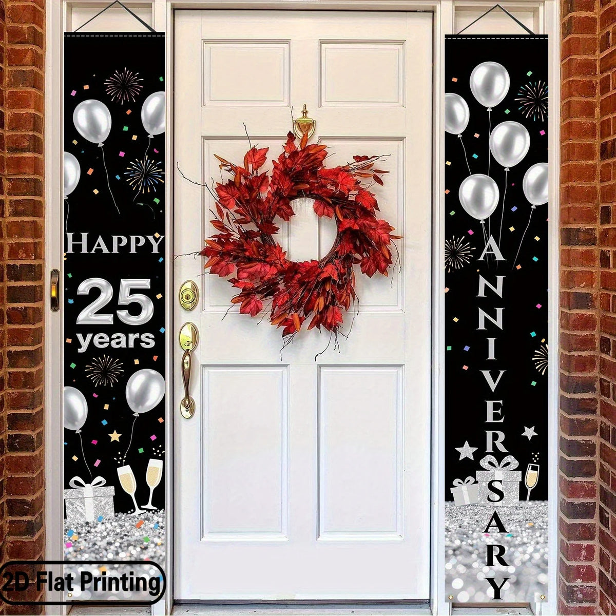 bannière anniversaire thème mariage ballons feux d'artifice opale noire argent rouge festive crochets inclusion