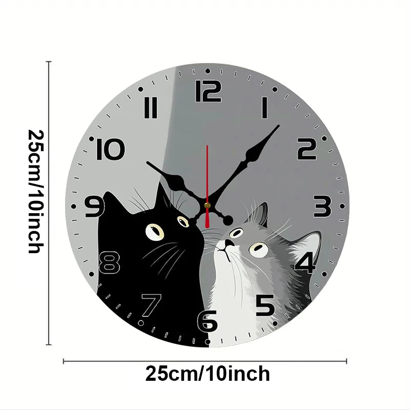 horloge murale moderne chats noir blanc adhésive salon chambre decoration boisisée 25cm