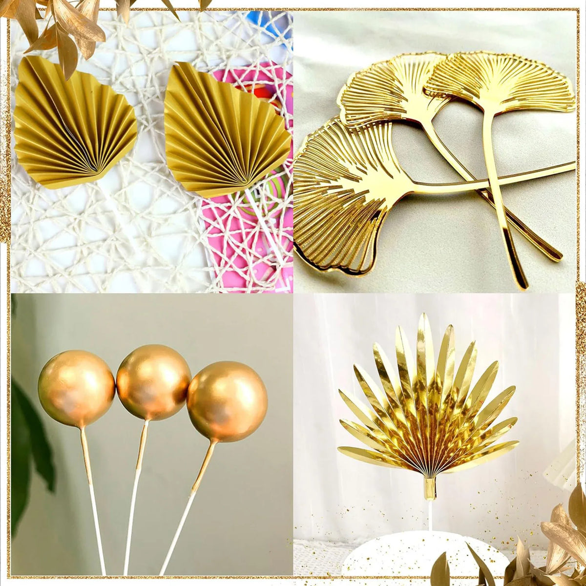 décoration gâteau moderne feuilles dorées boules blanches dorées numéros brillants mariage anniversaire fête