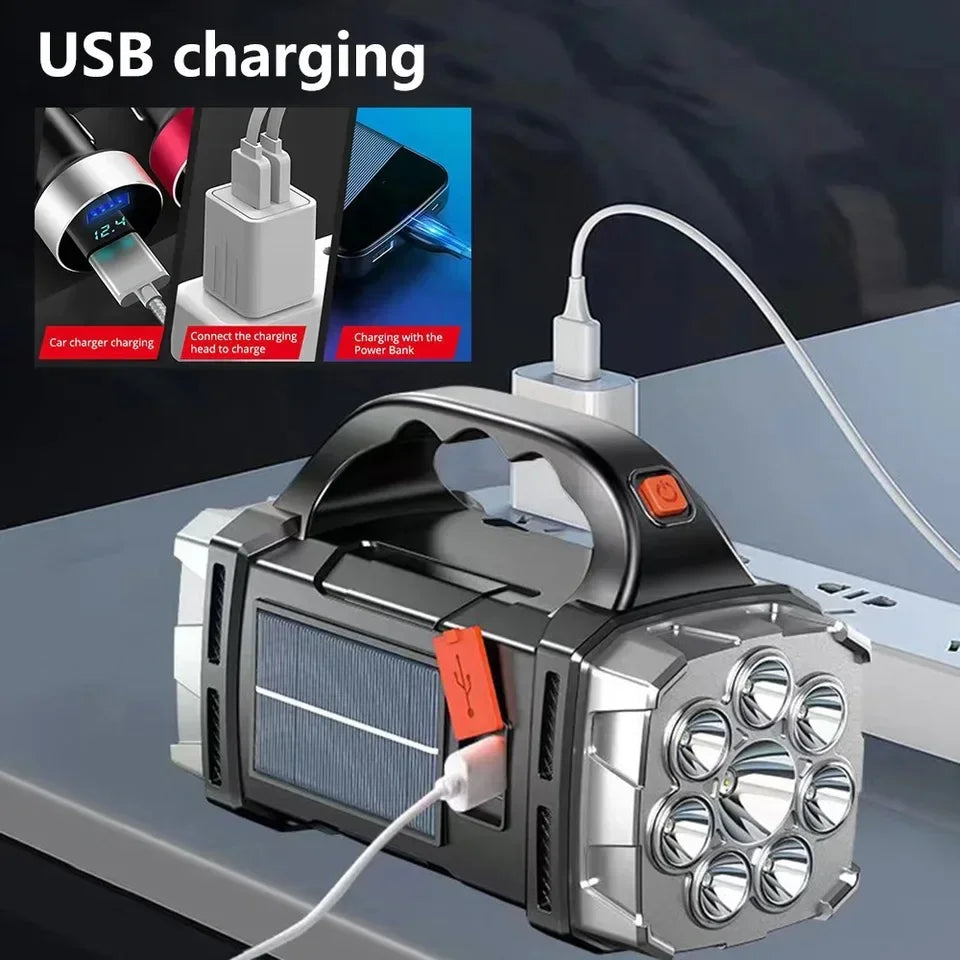 lampe torche solaire rechargeable led camping extérieur 12h luminosité usb solar charging robuste moderne