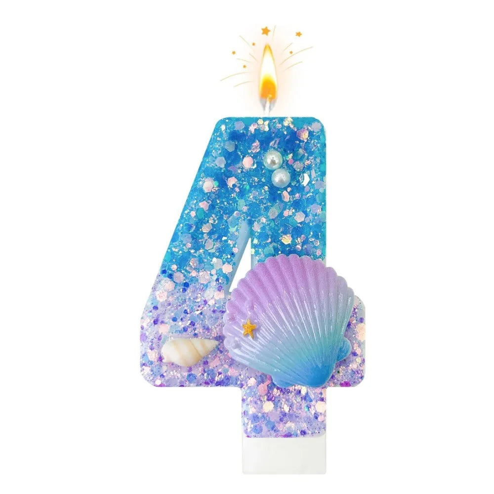 bougies numéraires paillettes sous marine coquillages décoratives anniversaire bleu violet blanc doré