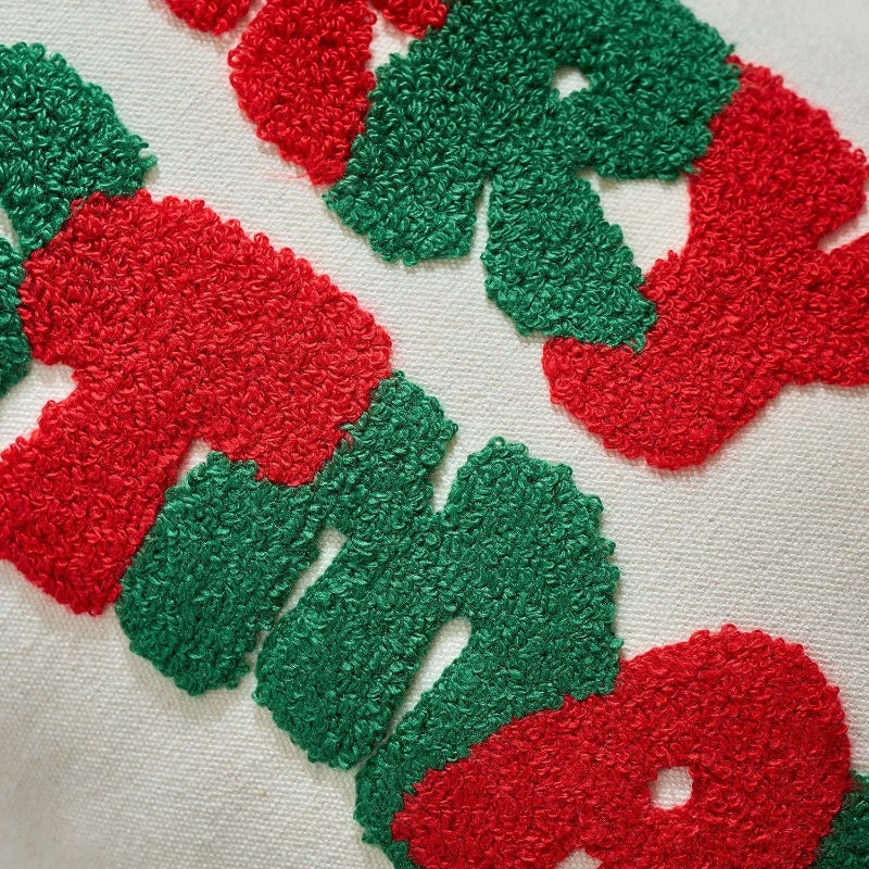 housse coussin noël brodée ho ho ho merry christmas rouge vert polyester coton respectueux
