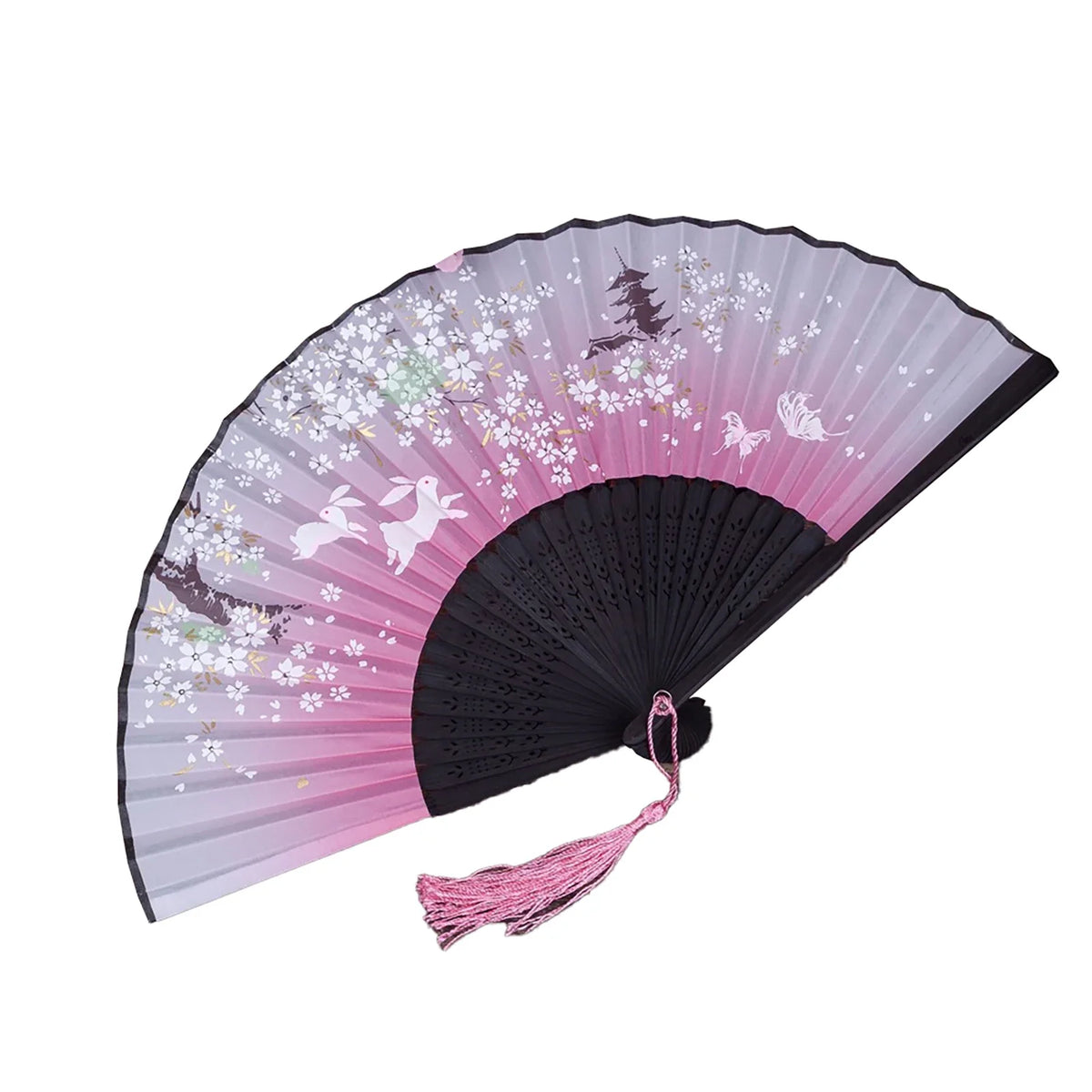 éventail traditionnel japonais bambou fleurs cerisier papillons pompon décoratif pliable violet