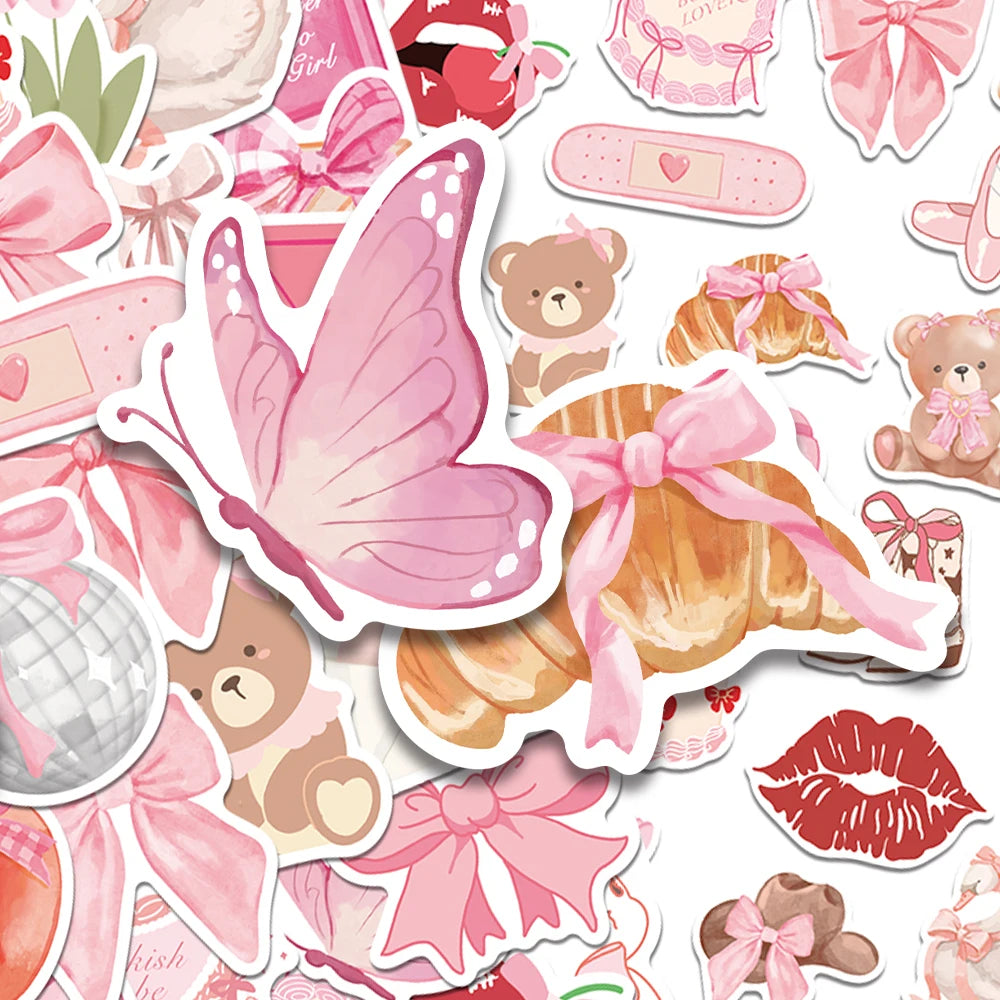 stickers illustration papillon rose blanc ours ballerines coeurs fleurs adhésifs 50pièces cartoon