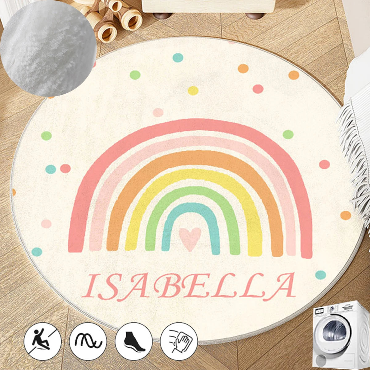 Un tapis rond en peluche décoré d'un arc-en-ciel coloré et du nom "Isabella" pour une chambre d'enfant chaleureuse et accueillante.