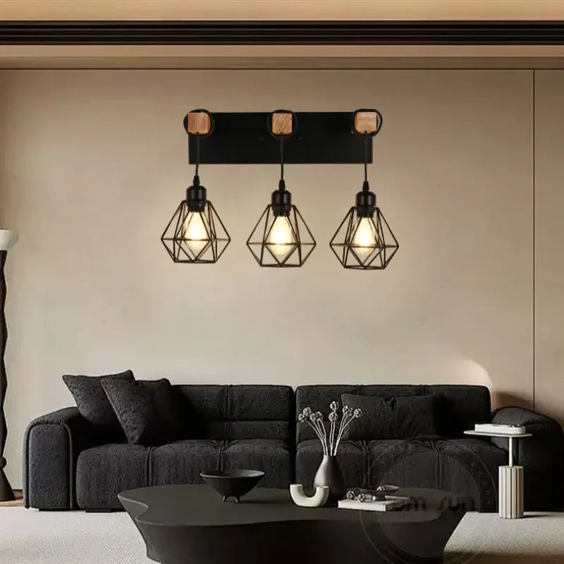 applique murale industrielle triple ampoule noir bois clair vintage mur trois lumières