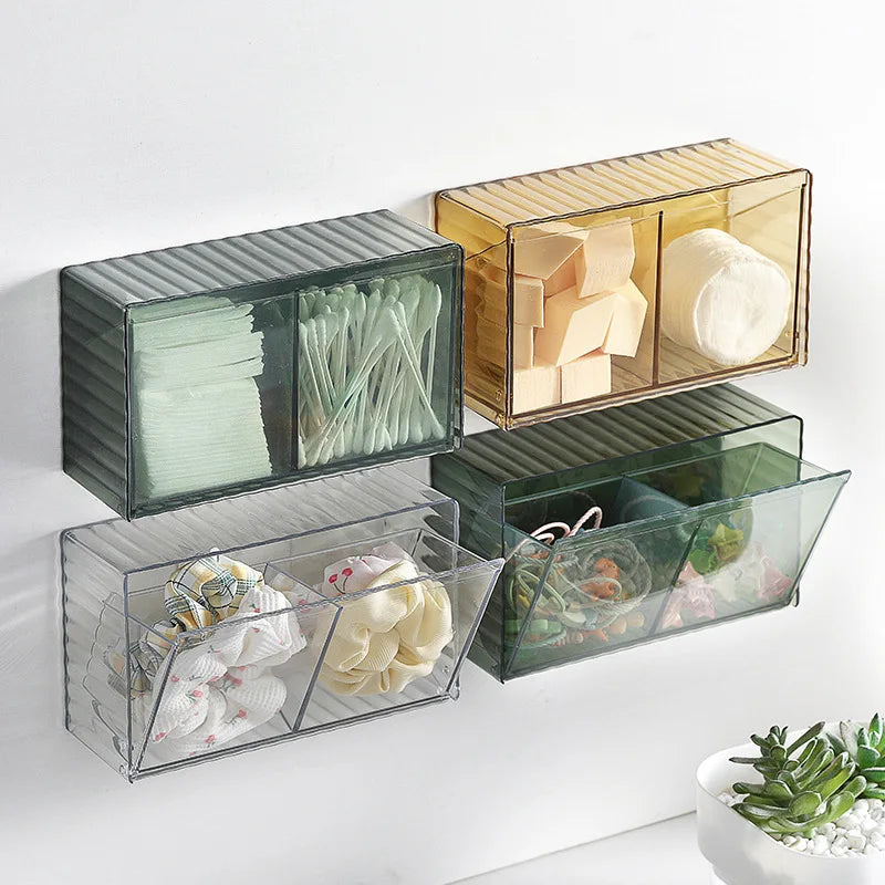 rangement mural transparent compartiments boîtes stockage moderne adhésif cotons tiges coton pads épingles cheveux