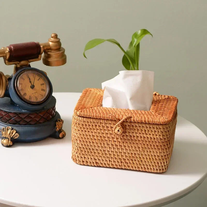 boîtes mouchoirs tissu tressé rustique marron clair boucle métallique rangement serviettes papiers toilette salle