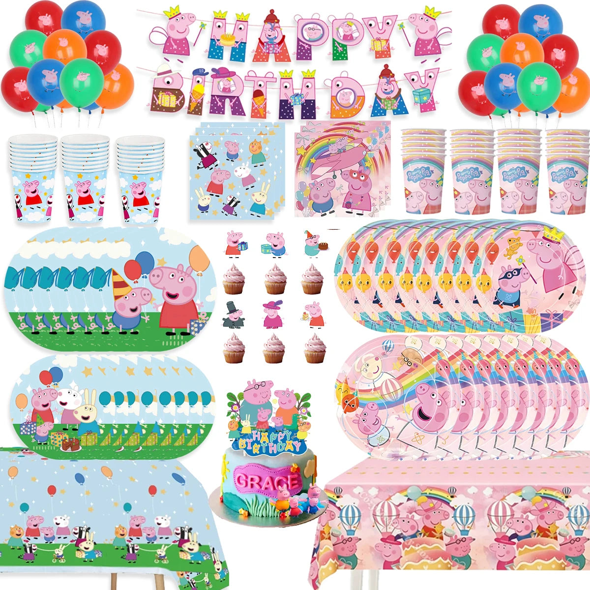 ensemble vaisselle jetable papier décoration anniversaire peppa pig nappe assiette gobelet serviette ballon bannière