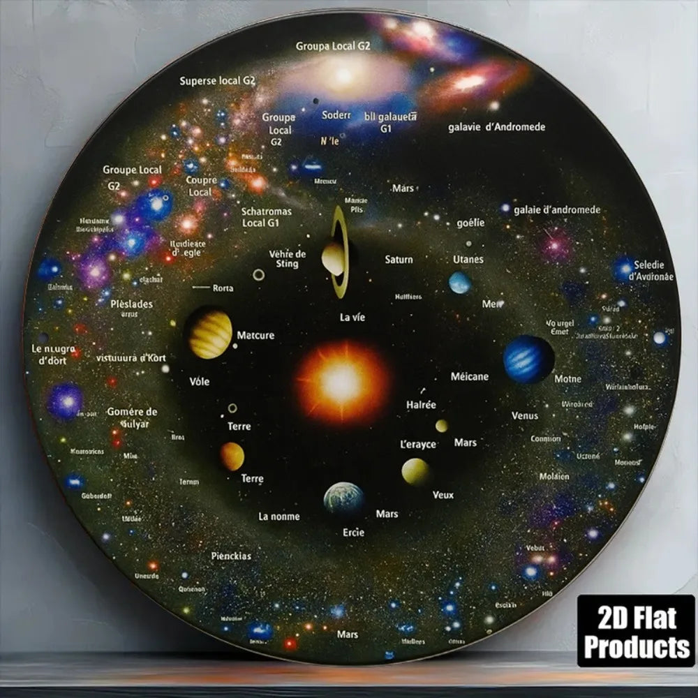 décoration murale système solaire voie lactée planètes étoiles rond métal 2d flat français anglais