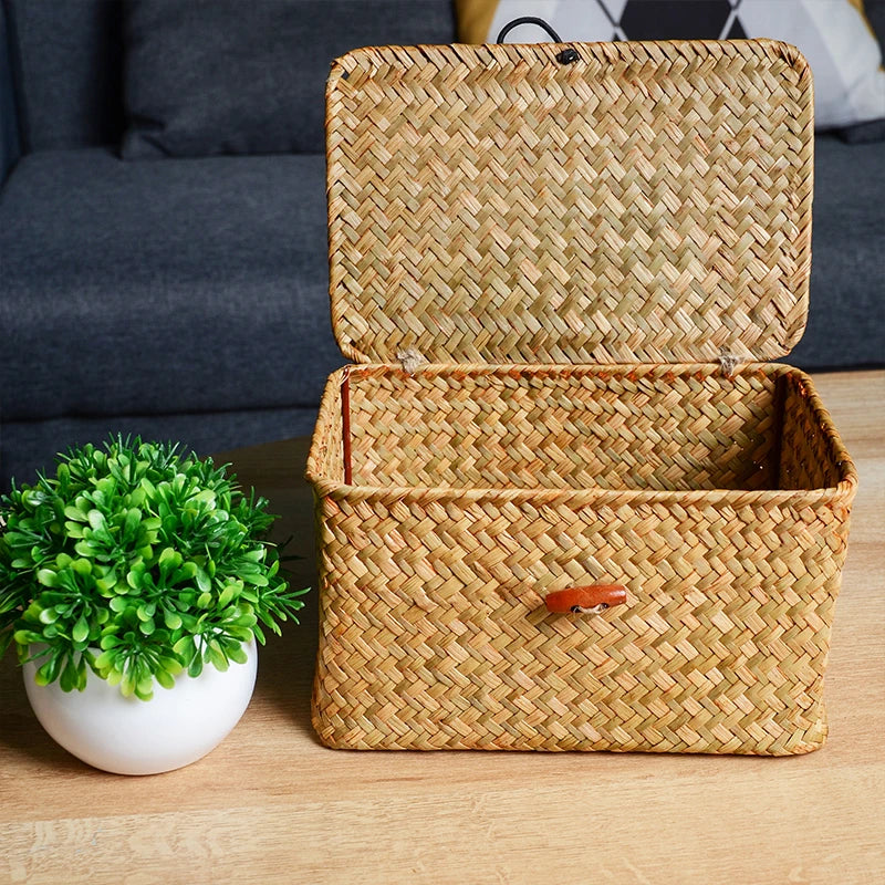 Panier de rangement avec couvercle en rotin naturel couleur vert