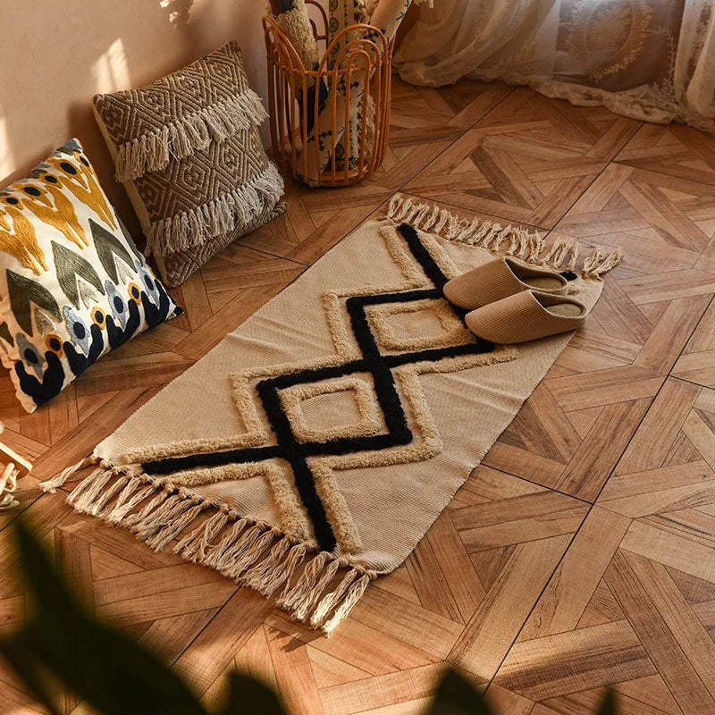 tapis boho chic géométrique coton pompons antidérapant intérieur étoiles cercles triangles